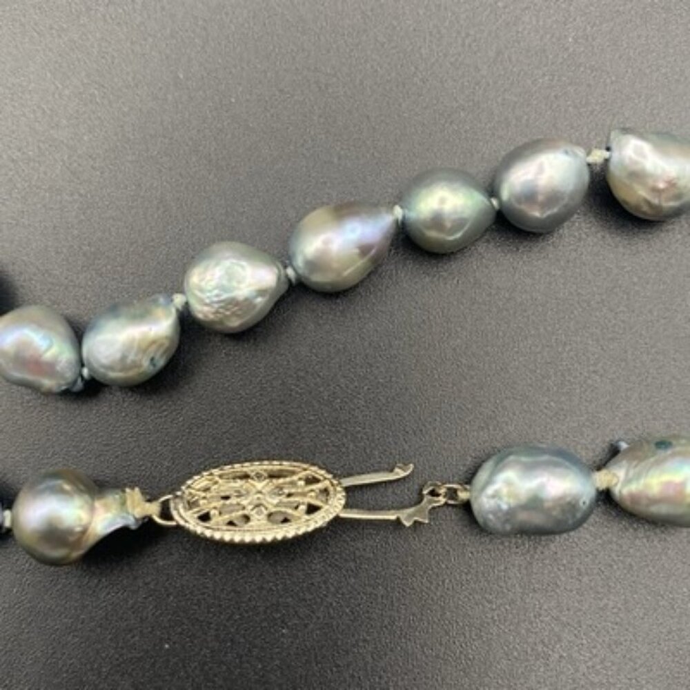 Vtg Gray Baroque Cultured Pearl Necklace 18" Hand-Knotted Sterling Silver Clasp - Picture 9 of 9